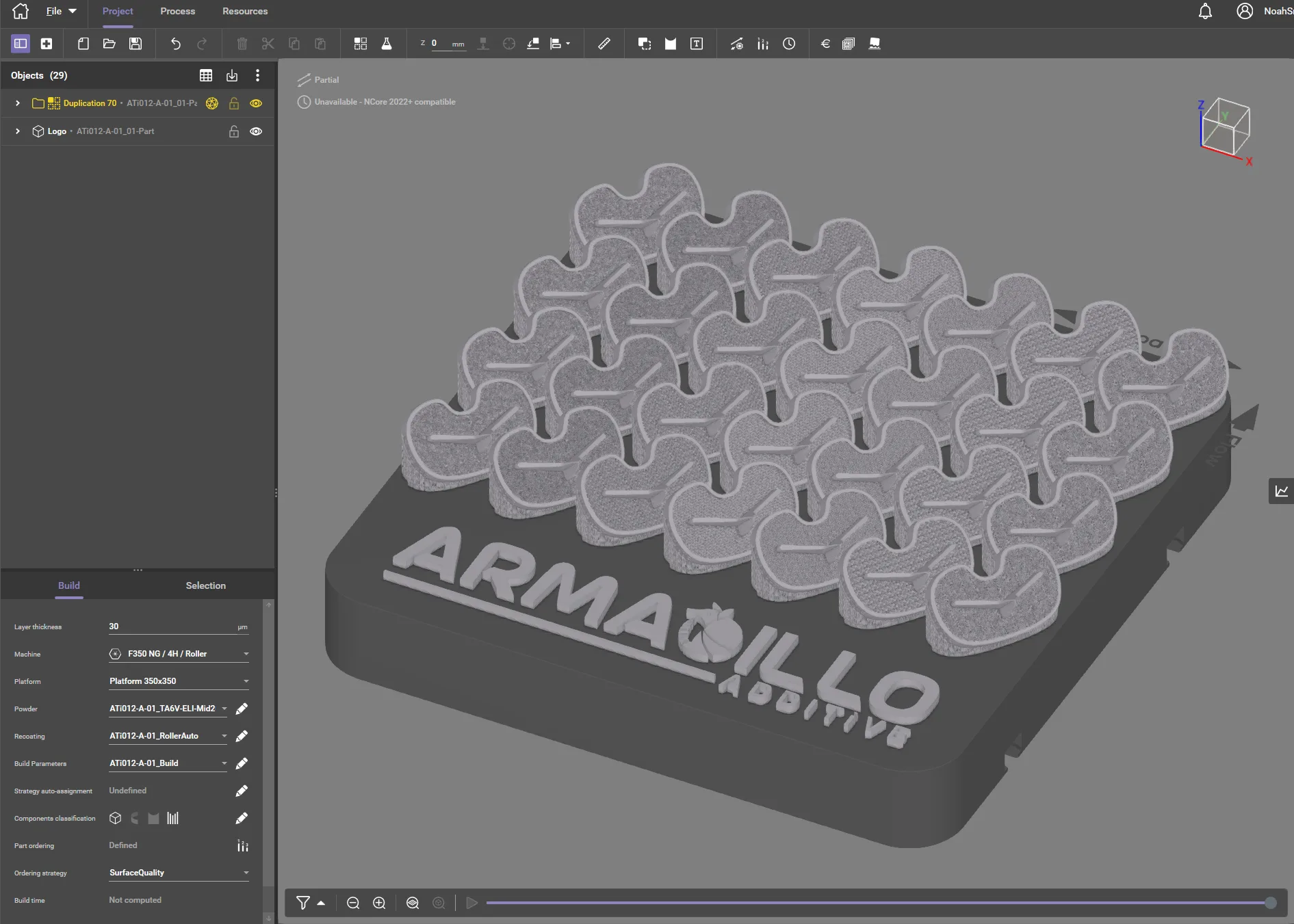 Build manager view of tibial tray implants arranged for printing